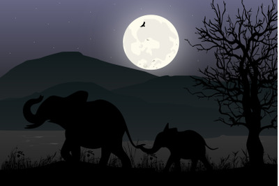 cute elephant and moon silhouette