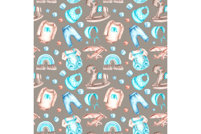 Newborn baby boy watercolor seamless pattern. Baby shower. Children