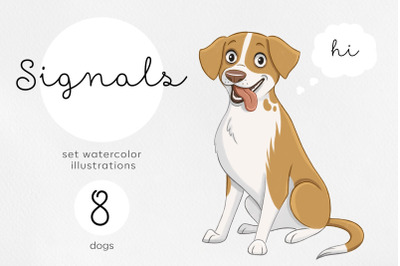 Dogs body language. Cartoon style illustrations funny dog