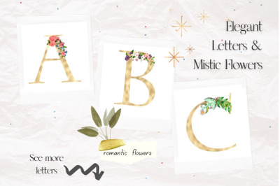 Gold foil alphabet with mistical flowers
