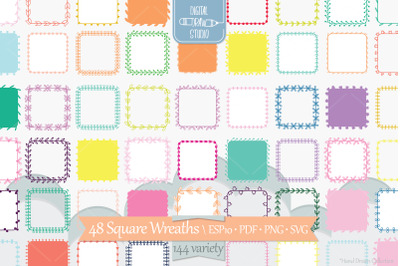 Color Square Wreaths | Hand Drawn Borders, Floral Frames, Laurel