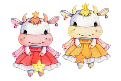 Cow Princesses with stars. Watercolor illustration.