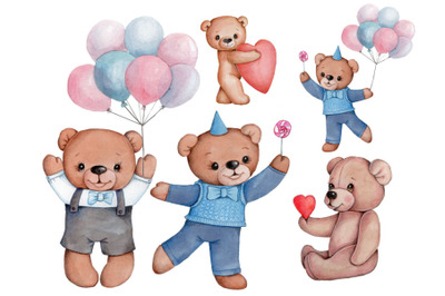 Set of cute holiday teddy bears. Watercolor llustrations.