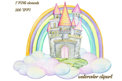 Watercolor Castle Clipart Printable. Rainbow Clip art. room decor, Bab