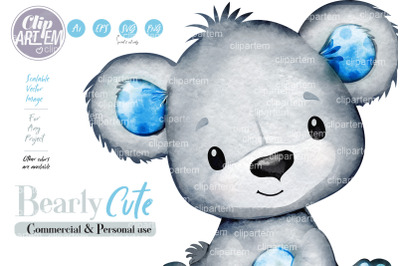 Teddy Bear Boy Blue Gray Clip Art, watercolor cute baby bear image