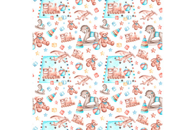 Baby room watercolor seamless pattern. Children&#039;s pattern. Baby shower