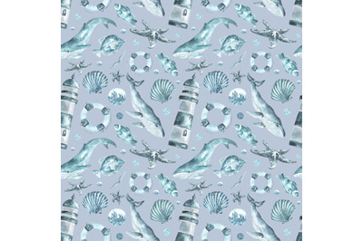 Ocean watercolor seamless pattern. Sea pattern. Blue background.