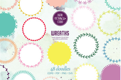 Color Wreaths | Hand Drawn Borders, Floral Frames, Laurel