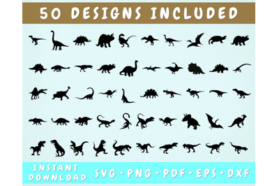 50 Dinosaur SVG Bundle, Dinosaur Clipart, Cut Files for Cricut, Silhou