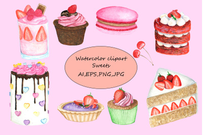 Watercolor Clipart Sweet bakery,pink dessert.EPS,AI,JPG,PNG