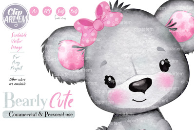 Baby Bear Girl Pink Gray Clip Art, watercolor PNG, AI, EPS, SVG