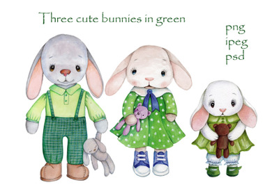 Three cute bunnies rabbits in green. Watercolor illustrations.