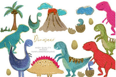 Colorful Dinosaur watercolor clipart, Cute Dinosaur Clipart,