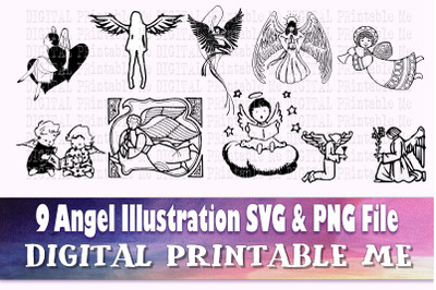 Angel illustration svg, silhouette bundle, PNG, clip art, 9 Digital, V