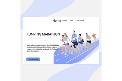 Running marathon landing page. Marathon competition, run exercise