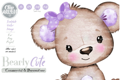 Purple Girl Bear with Bow PNG clip art, watercolor image vector