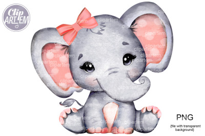 Cute Girl Elephant with Coral Peach Bow PNG watercolor clip art