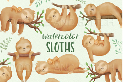 Watercolor Sloth Clipart Illustrations
