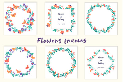 Cute vector patterns and frame with flowers