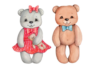 Two teddy bears, boy and girl. Watercolor illustration.