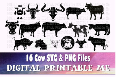 Cow silhouette bundle, svg png clip art, 16 Digital, illustration, far