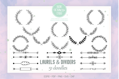 Laurels &amp;amp; Divider | Hand Drawn Floral Border&2C; Leafy Wreath