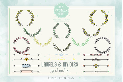 Colored Laurels &amp; Divider | Hand Drawn Floral Border, Leafy Wreath