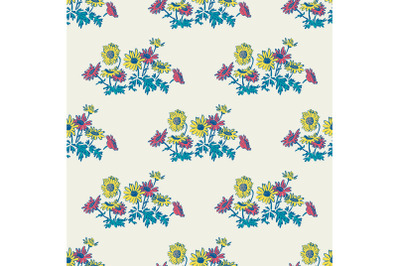 Hand drawn flowers daisy, leaves seamless pattern abstract background