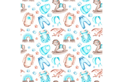 Baby boy watercolor seamless pattern. Baby shower. Toys&2C; clothes