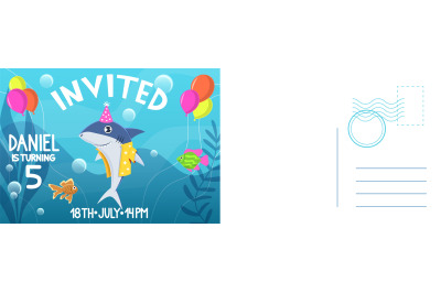 Birthday invitation card. Holiday card with flat bright colorful shark