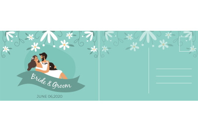 Wedding postcard. Happy couple bride and groom hugging&2C; romantic card