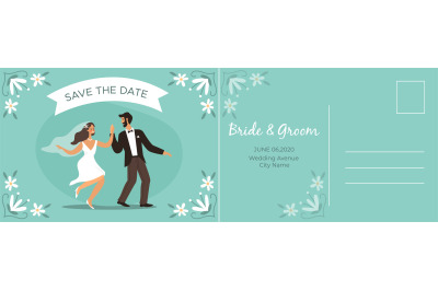 Wedding postcard. Happy couple bride and groom dancing&2C; romantic card