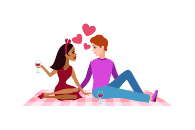 Romantic date. Cartoon young couple characters on picnic, man and woma