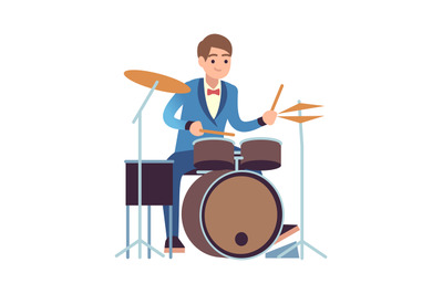 Drummer performance. Classic male musician character in blue dress pla