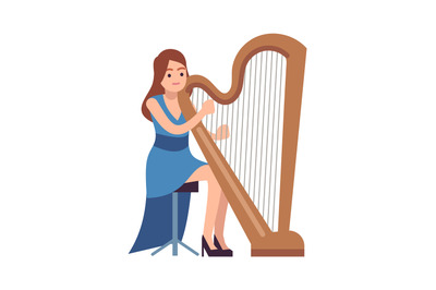 Harpist woman performance. Classic female musician character in blue d