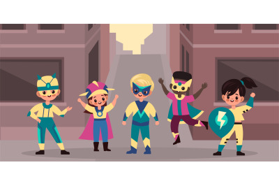 Urban superhero kids team. Brave children heroes band on city street b