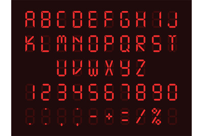 Digital display font. Red lighting letters, numbers and signs isolated