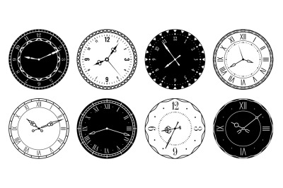 Vintage clock faces. Elegant design retro parts watches with roman and