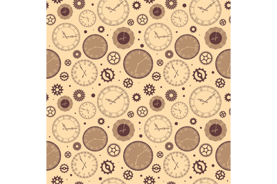 Clock faces seamless pattern. Vintage watches background, ticking time