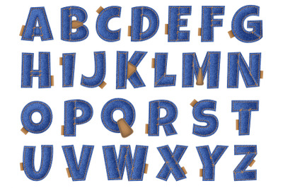 Denim font. Jeans textile english alphabet, comic textured fabric typo