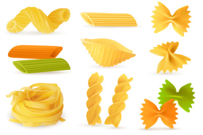 Dry pasta objects. Realistic italian culinary ingredients, different p