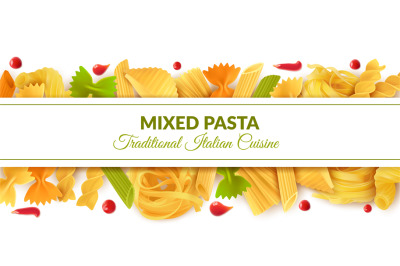 Italian pasta. Different types macaroni, spaghetti and tagliatelle, na