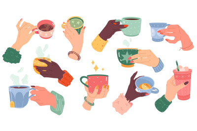 Woman hands with beverage cups. Female arms with manicure hold differe