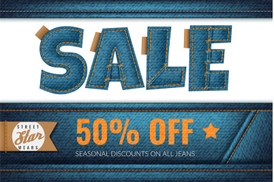 Denim sale. Promotional fashion blue jeans discount, fabric font, mark