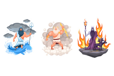 Three main greek gods. Cartoon Zeus&2C; Poseidon and Hades elements surro