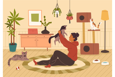 Pet at home. Young woman with different cats at cozy home interior&2C; sm