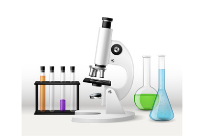 Realistic laboratory research. 3d microscope with test tubes tripod&2C; g