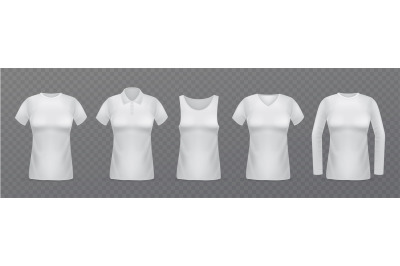 White women t-shirts. Realistic female clothes mockups&2C; different type