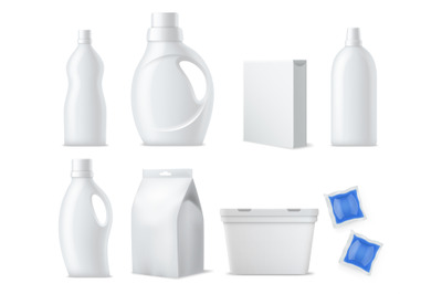 Laundry products mockup. Realistic clean white plastic bottles&2C; contai