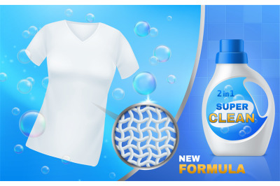 Realistic laundry detergent. Clean white t-shirt, washing clothes gel